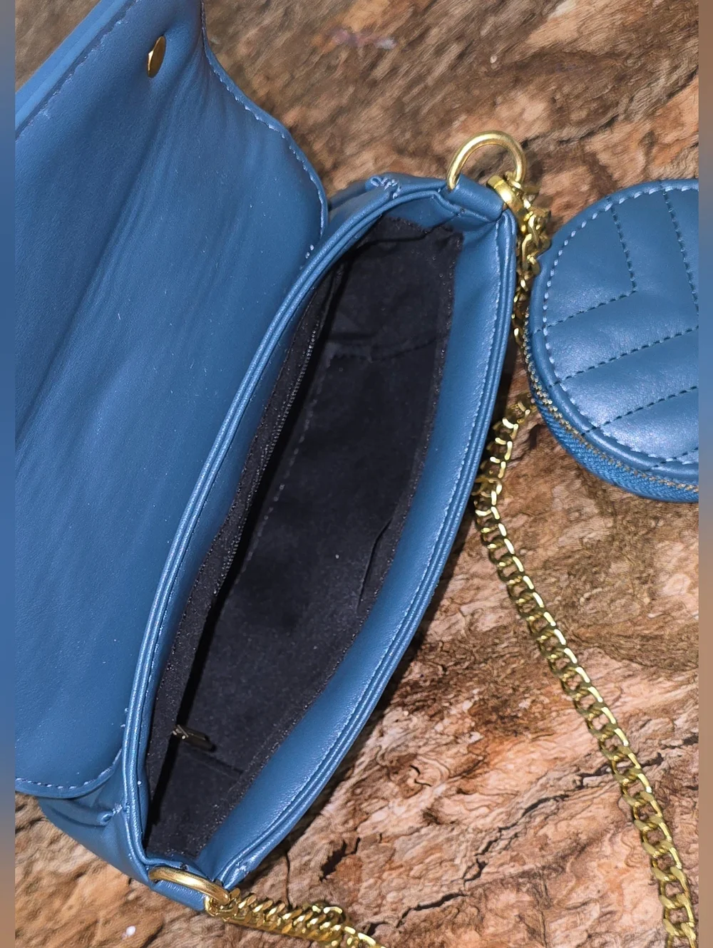Quilted Blue Crossbody Bag w/ Gold Chain Strap & Mini Coin Pouch – Chic & Trendy